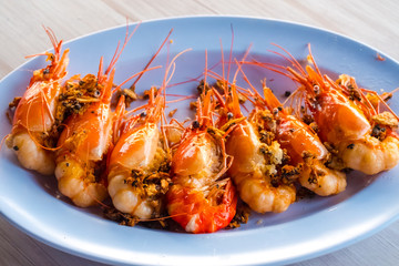 Grilled prawns in plate  ,Grilled River prawns, Asia.