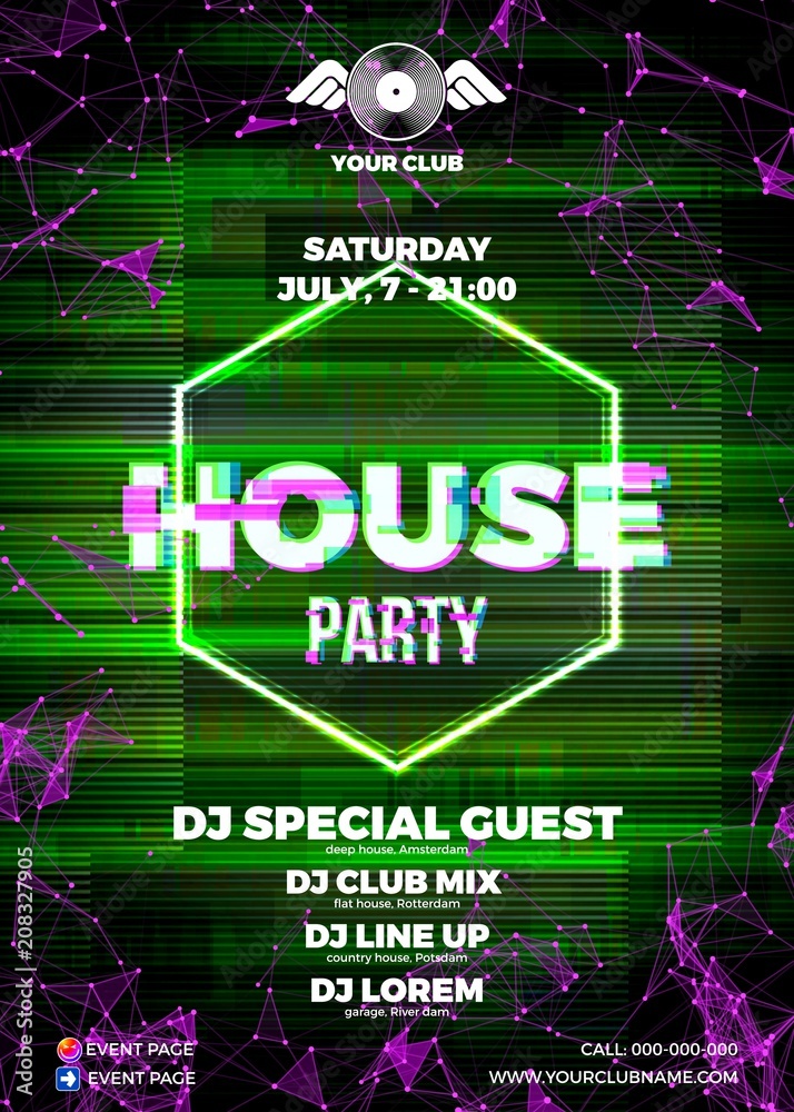 Poster Glitch party poster with red background and hexagon for techno r