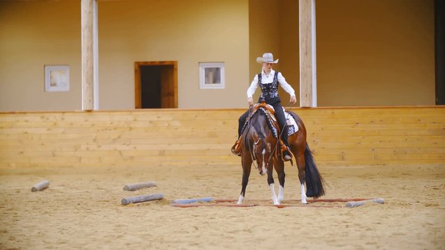 Turning horse inside the cavaletti square with ease in slow motion 4K. Long shot wide view of cowgirl in focus turning with a horse inside the square cavalleti polygon. Riding inside the arena.