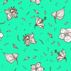 Tropical flower and leaf vector seamless pattern