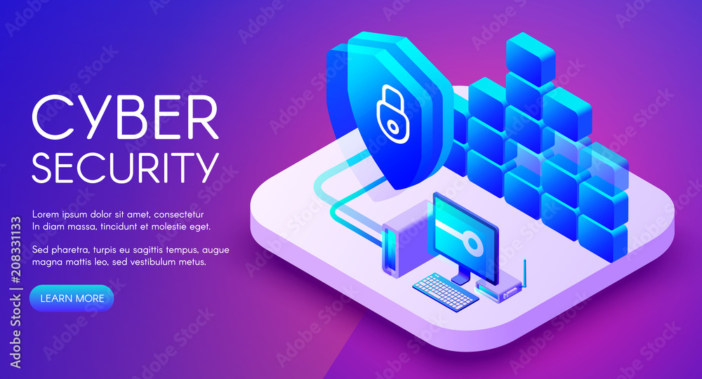 Poster cyber security technology vector illustration of private network secure access and internet firewall