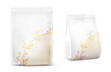Realistic template of food bags isolated on white background. Front and isometric view. Vector illustration. Can be use for template your design, presentation, promo, ad. EPS 10.