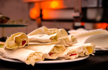 appetizer of pita bread on a buffet table
