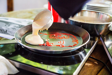 process of making pancakes, drawing in a frying pan