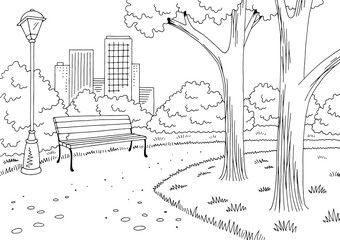 Park graphic black white bench lamp landscape sketch illustration vector