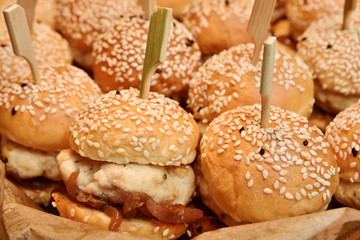 Mini chicken burgers  in buffet corner  