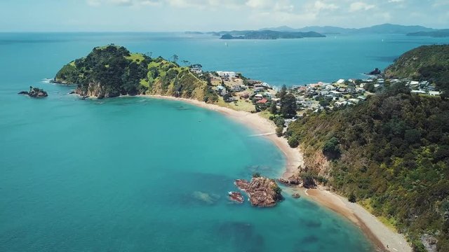Aerial, beautiful New Zealand beach Tapaka point near Russell in the bay of islands.