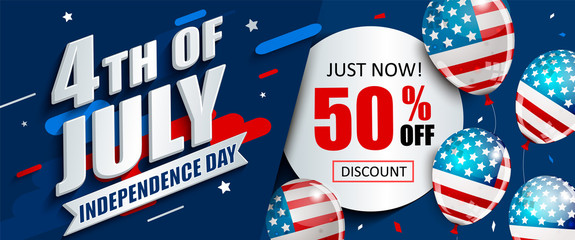50 per cent off sale banner with balloons for Independence day. Just now offer of half price discount. Template for your design, card and flyer, poster for 4th of July in USA. Vector illustration.