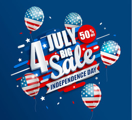 Big Sale banner with balloons for Independence day. Offer of 50 per cent discount. Template for your design, card, flyer, poster for 4th of July in USA. Vector illustration.