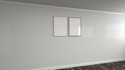 Blank white poster in wooden frame on the wall