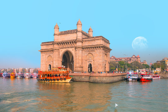 The Gateway of India and boats as seen from the Harbour