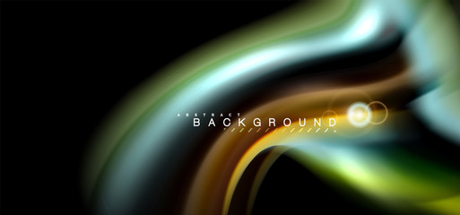 Color shiny light effects on black, liquid style multicolored wavy shape