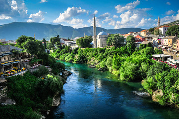 Fototapeta na wymiar The little historic town Mostar, Bosnia and Herzegovina. Summer 2018
