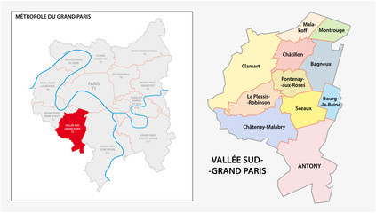 Obraz premium administracyjna i polityczna mapa wektorowa Vallée Sud Grand Paris, Greater Paris, Francja