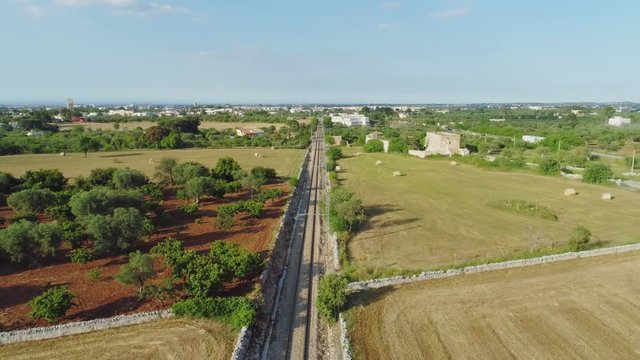 The railway in the field Drone 4k flight