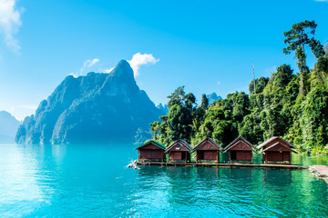 beauty full hotel in paradise with water and sunrise in the morning  at  khao sok surat thani thai...