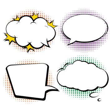 Set retro of cartoon, speech sketch. Comic speech bubbles. Empty dialog Clouds in pop art style with halftone shadows. Sketch black and white. Vector
