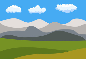 Natural cartoon landscape in the flat style with blue sky, clouds, hills and mountains. Vector illustration
