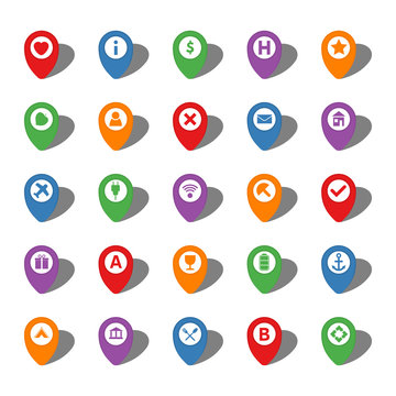 Set of twenty five colorful map pointers with different icons in white circle and with shadows. Vector illustration

