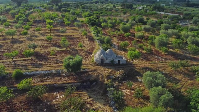 Trullo trulli old whitr House in the field in Italy Drone 4k flight