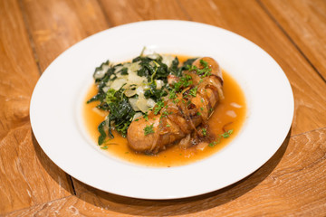 Grilled sausage with Cheesy Creamed Spinach