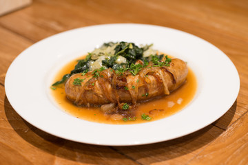 Grilled sausage with Cheesy Creamed Spinach