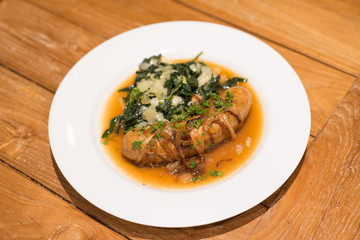 Grilled sausage with Cheesy Creamed Spinach