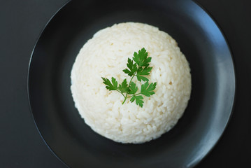 Hot Cooked Boiled White Ricen Black Background, Isolated.