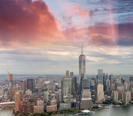 Helicopter view of Downtown Manhattan in Autumn