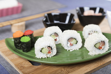 Sushi roll on the table ready for eating