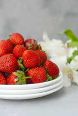 Juicy Fresh Strawberries White Plates Textured Cement Background Summer Fruit Vitamine Fresh Organic diet