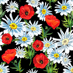 pattern with red poppies, chamomile
