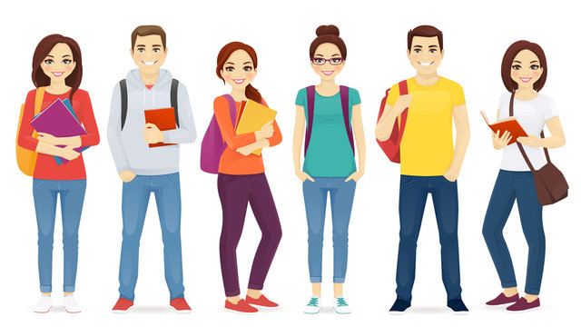 Student set with books and backpacks isolated vector illustration