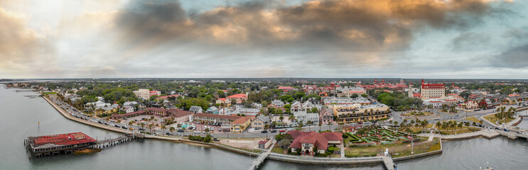 Aerial view of St Augustine from drone. Sunset panorama from city river, Florida - USA