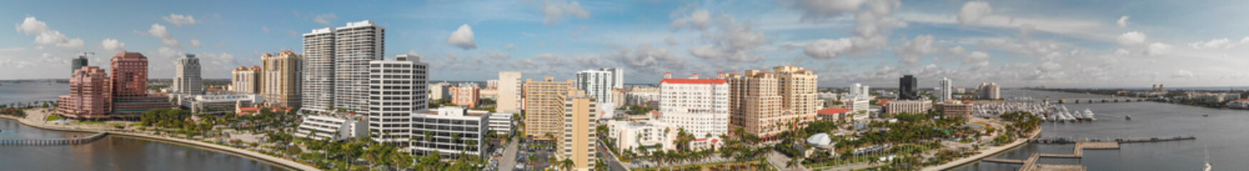 Palm Beach skyline, Florida. Panoramic aerial view from drone at sunset