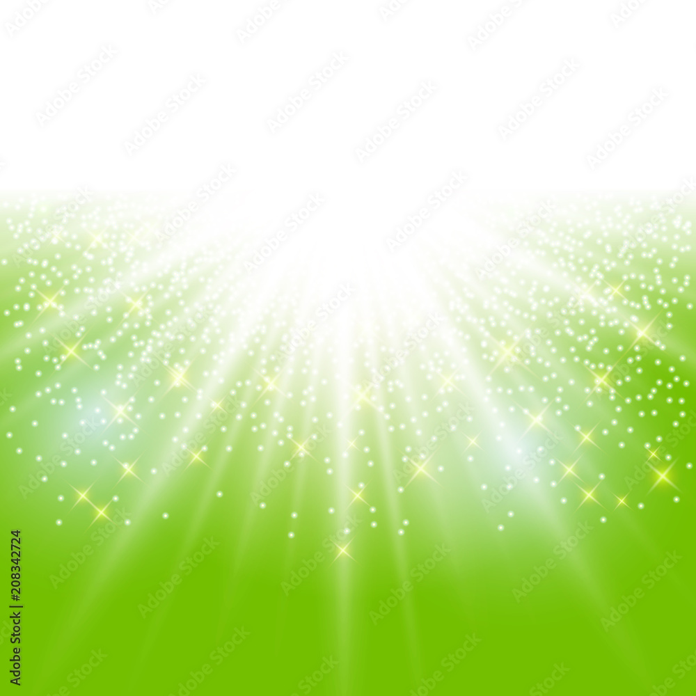 Wall mural sunlight effect sparkle on green background with glitter copy space.