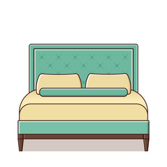 Double bed. Vector. Linear retro furniture icon in flat design. Outline illustration in line art style. Vintage house equipment for bedroom isolated on white background.