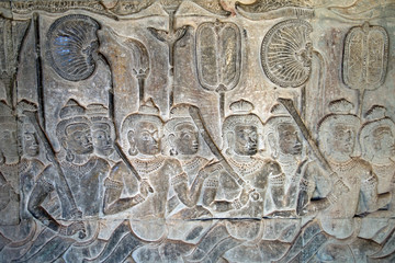 Angkor Cambodia, 12th century Angkor Wat temple bas relief - Yama Judgment, depiction of  heaven