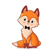 Cute fox sits on a white background. Vector illustration with cute animal in children's cartoon style.