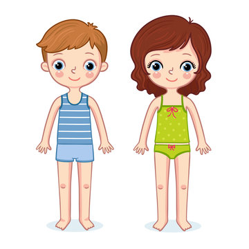 Boy and a girl are standing on a white background. A lot of kids are in cartoon style. Vector illustration with children.