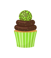 Chocolate cupcake decorated with round green candy. Isolated on white background. Vector illustration.