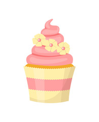 Cupcake decorated with flowers. Isolated on white background. Vector illustration.