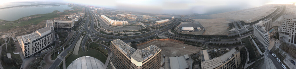 Panoramic aerial view of Yas Island skyscrapers