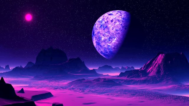 Purple Alien Planet. In the dark starry sky, a large planet in the penumbra and a bright purple sun. The rocky desert is flooded with lilac light, in the lowlands a dense whitish fog. 