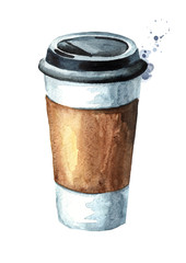 Coffee to go paper cup. Watercolor hand drawn illustration, isolated on white background