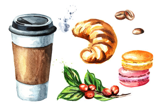 Coffee to go set. Paper cup and traditional french cake macaroon, croissant, coffee branch and bean. Watercolor hand drawn illustration, isolated on white background