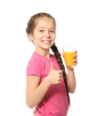 Funny little girl with citrus juice on white background