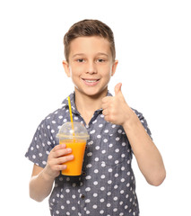 Funny little boy with citrus juice on white background