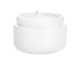 Jar with cosmetic cream on white background