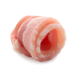 Raw bacon on white background